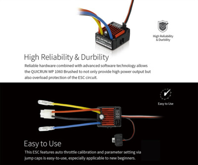SPARKHOBBY QuicRun 1060 ESC 60A – Contrôleur Brossé, 2-3S Lipo, étanche, Poussière, Réglages Cavaliers, Pour 1/10 RC, Prise T