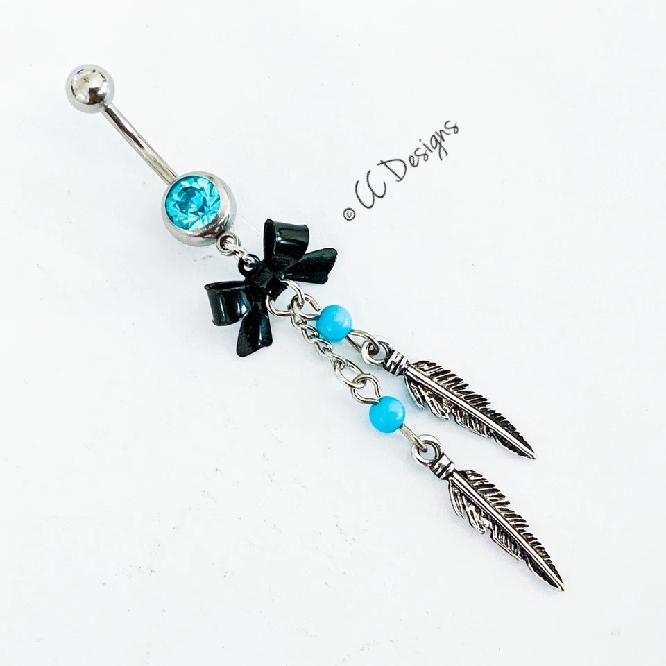 14g Dangle Blue Bead Black Bow Leaf Feather Boho Belly Button Ring (B212) - Image 2 of 3