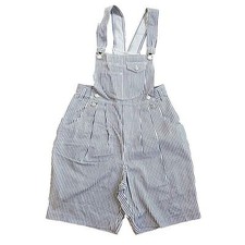 Vintage 90s Memphis Denim Shortalls Bib Overall Shorts Women Sz L, Blue Striped