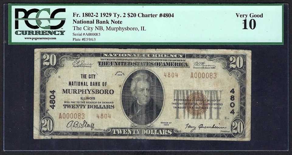 🇺🇸 IL 1929 $20  TYPE-2 ♚♚MURPHYSBORO, ILLINOIS♚♚ PCGS VERY GOOD 10 - Image 2 of 3
