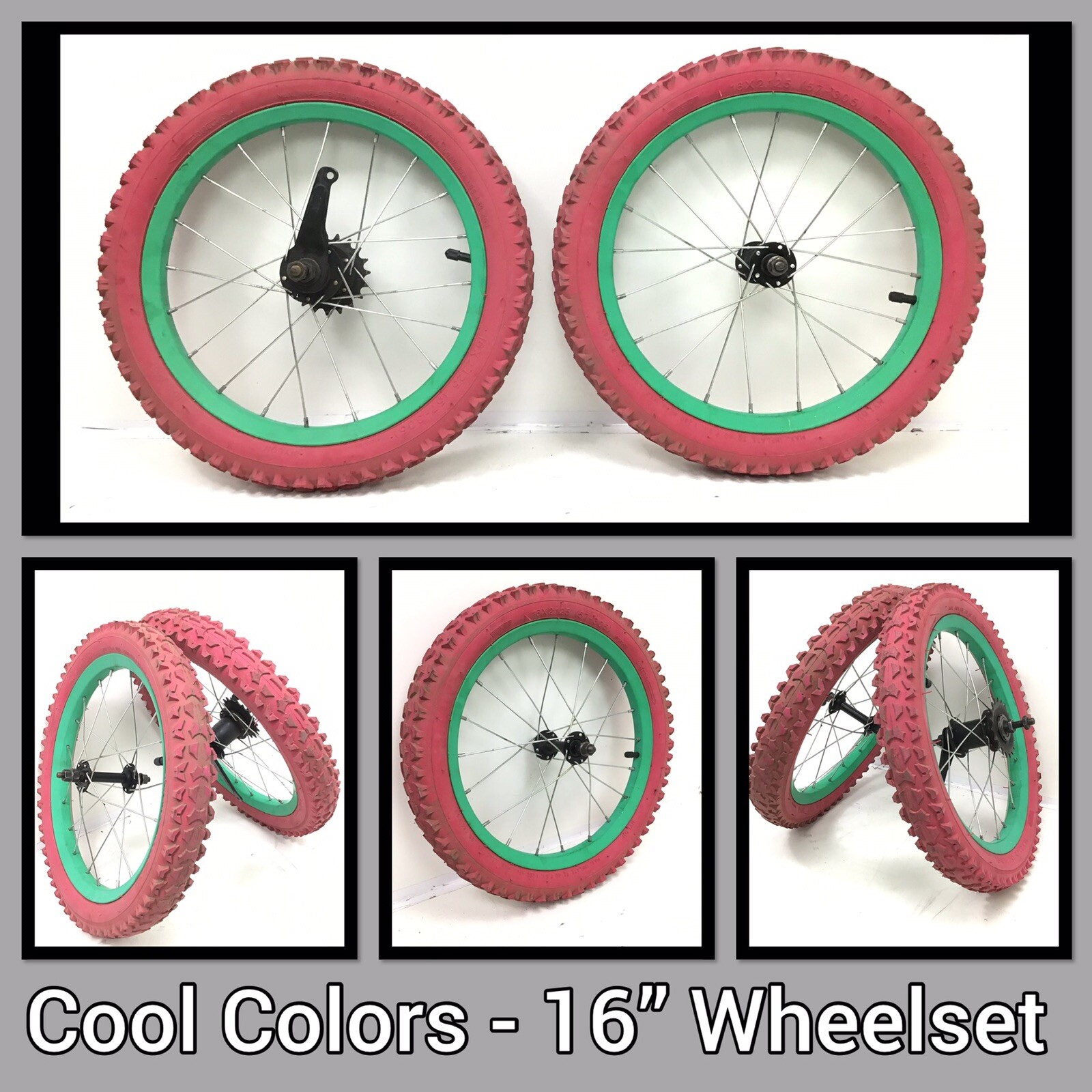 Green Wheel Set Front, Rear, With Pink Tires Mini-bmx Kids Bike #j4