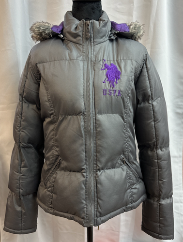 US POLO ASSN Puffer Jacket Womens M Brown Fur Lined Hoodie Zipper Rust lining - Picture 2 of 12