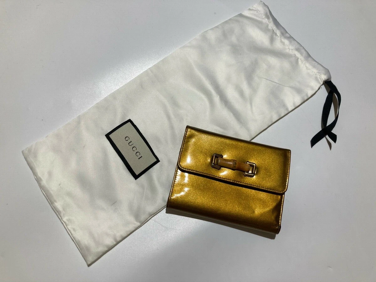 GUCCI VINTAGE BAMBOO GOLD PATENT LEATHER WALLET TRIFOLD PURSE POUCH ITALY