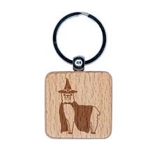 Halloween Llama Alpaca Witch Engraved Wood Square Keychain Tag Charm