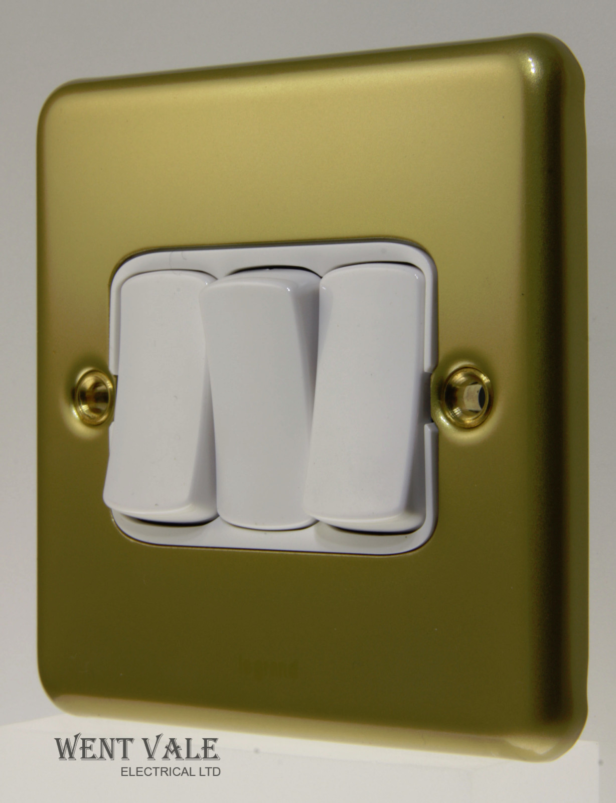 Legrand Synergy Satin Brass - 7334 03 - 10a  3 Gang 2 Way Plate Switch