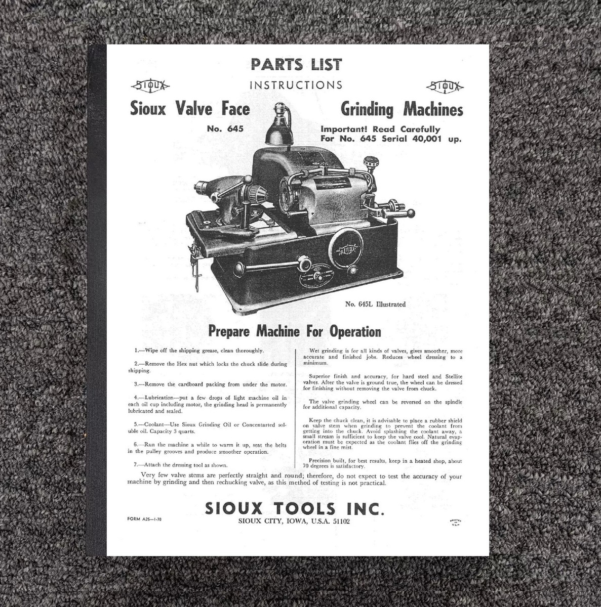 Valve Grinder Instruction & Parts Manual Fits Sioux Model 645