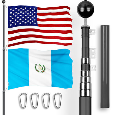20 Ft Telescoping Flagpole Black & American and Guatemala Flags Emb 300D 3x5Ft