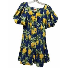 Farm Rio Medium Linen Blend Pineapple Tropical Print Mini Dress Puff Sleeve B14
