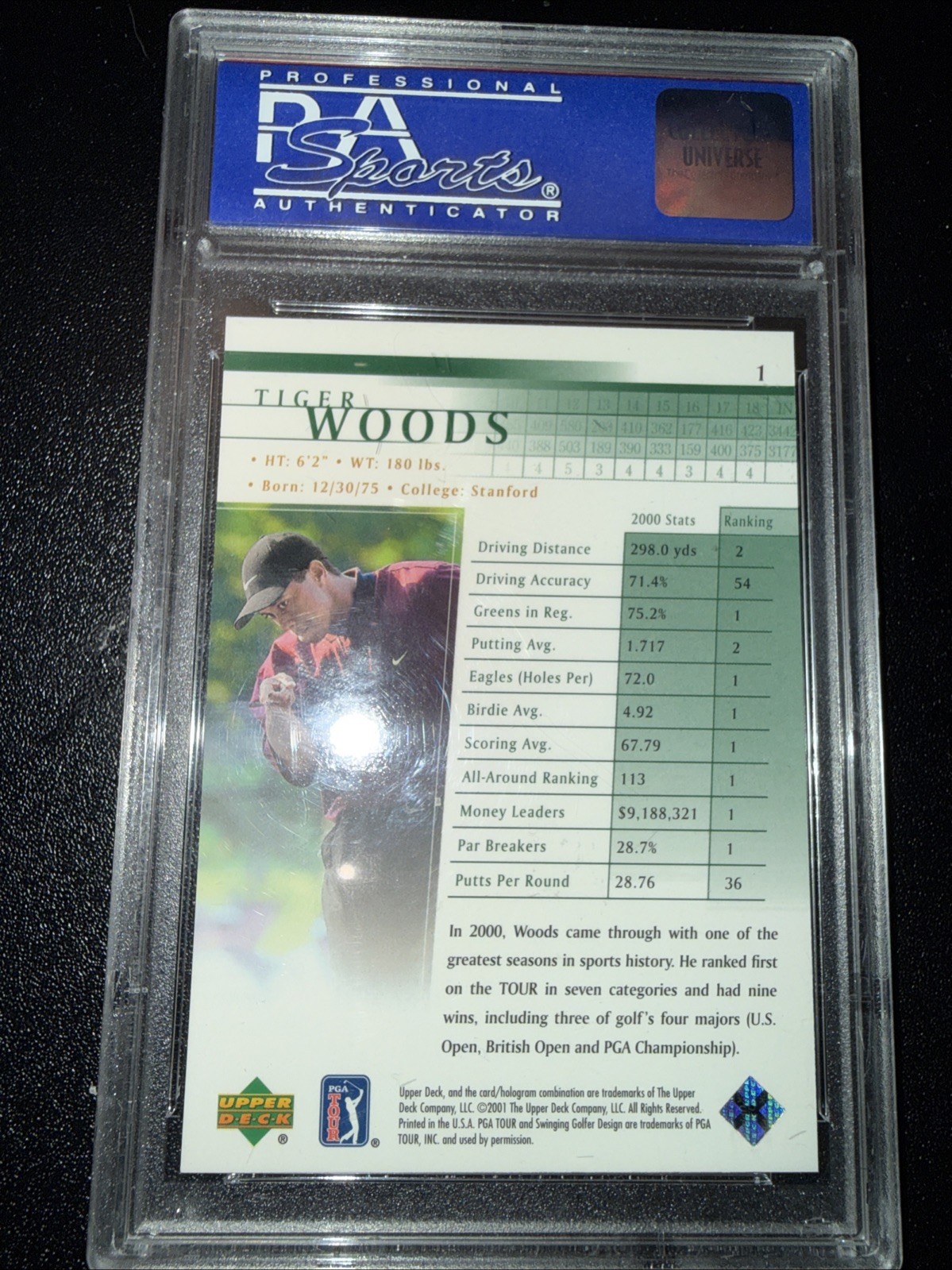 TIGER WOODS 2001 UPPER DECK GOLF #1 ROOKIE CARD RC PSA 10 GEM view 2