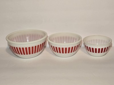 3pc Vintage Hazel Atlas Milk Glass Mixing Bowl Set Red Stripe Nesting Bowls