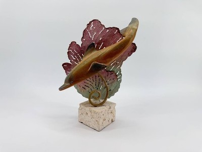 Dolphin Sculpture Figurine Metal Wood Stone Base Indonesia 1.90 lb Decor