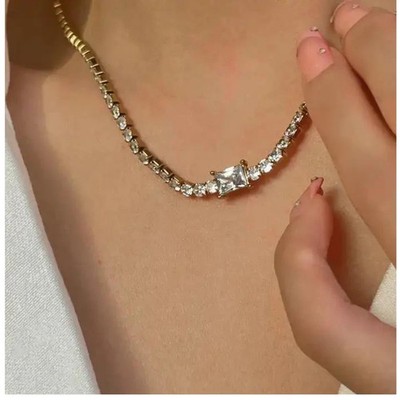 Lab Created 19Ct Emerald & Round Diamond Women's Tennis Necklace 14K Gold Plated