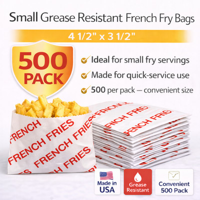 French Fry Bags 4.5'' x 3.5''  Small Printed Grease Resistant 500 Pack