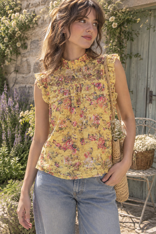 Y2K Yellow Floral Lace Ruffle Blouse S Cottagecore Coquette Fairycore Prairie