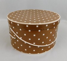 Vintage 70s MCM Square Dot 12" Round Cardboard Hat Box Rope Handle Brown C623