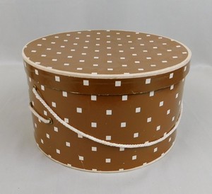 Vintage 70s MCM Square Dot 12" Round Cardboard Hat Box Rope Handle Brown #C623