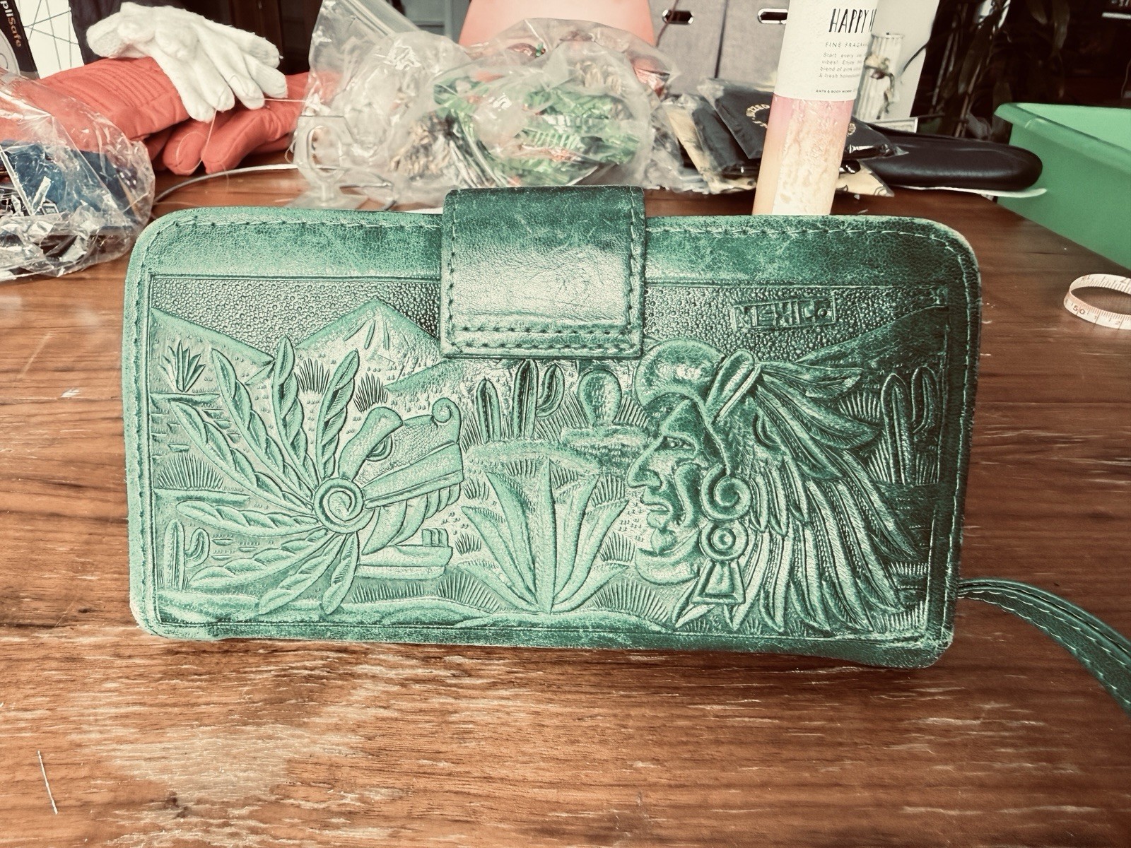 Mexican Green Rectangular Hand-Tooled Leather Boh… - image 10