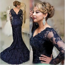 Navy Blue Long Sleeves V Neck Lace Applique Mermaid Mother Of The Bride Dress