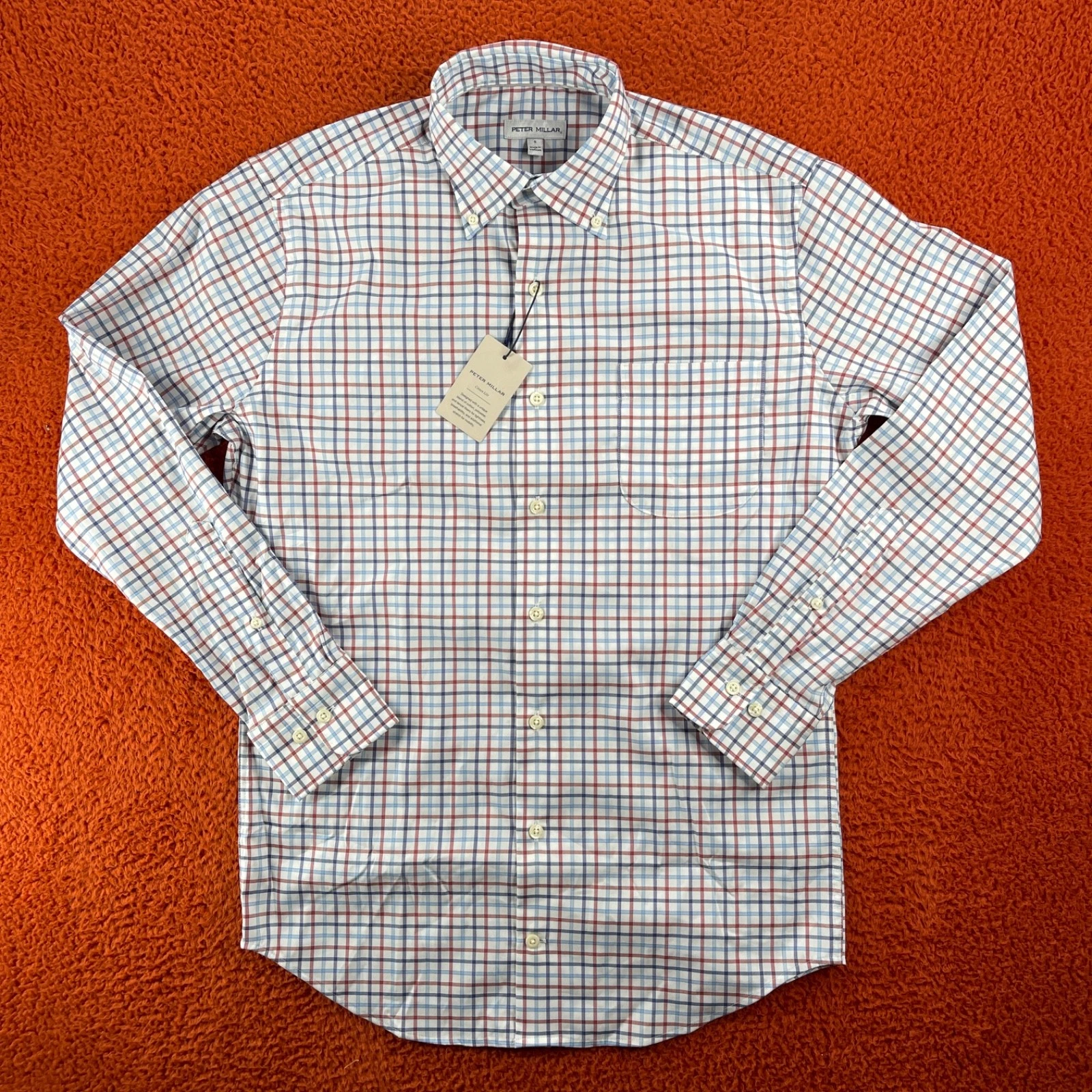 PETER MILLAR Mens SMALL Brighton Cotton Sport Shirt Burnt White Plaid $160