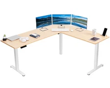 VIVO Bamboo / White Electric 75" x 63" Corner Desk Workstation