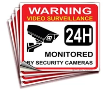  Video Surveillance Warning Sign Sticker - 4 Pack 7x6 7x6-inch Sticker White