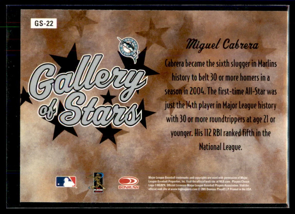 2005 Diamond Kings Gallery of Stars Miguel Cabrera #GS-22 Florida Marlins - Image 2 of 2