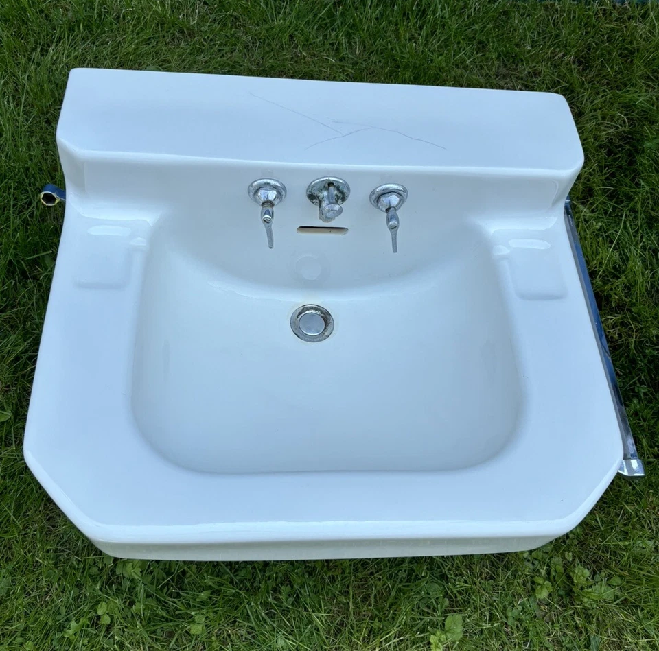 Vtg Mid Century 40s 24x20 White Porcelain Bath Wall Sink Kohler Brass Legs - Image 4 of 4