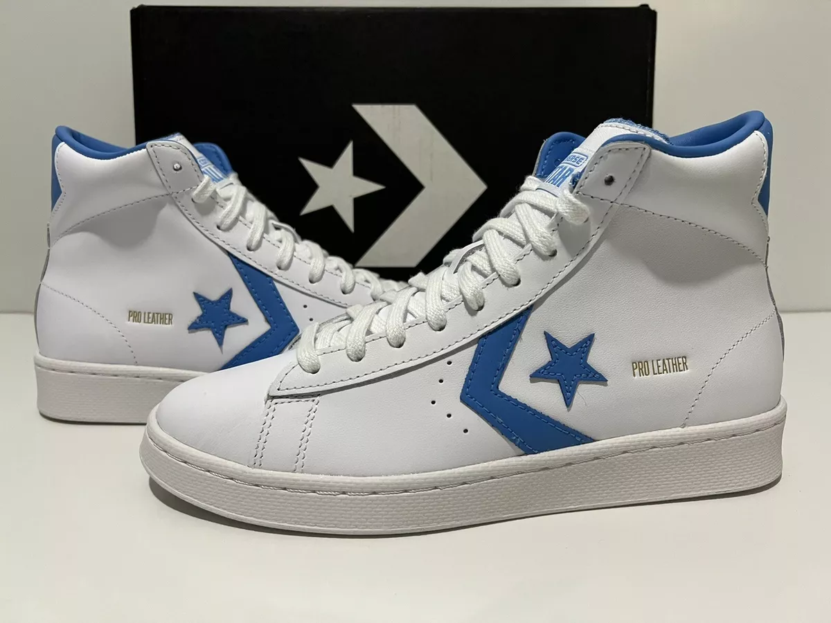 White and blue store leather converse