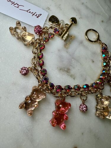 Betsey Johnson Gold Tone Pink Gummy Bear Fireball Crystal Bracelet Toggle NEW - Picture 2 of 5