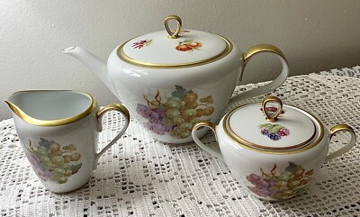 Vntg. Porcelain Teapot Sugar  & Creamer Orchard PMR Jarger &Co. Bavaria Germany