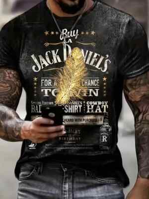 Feather And Letters Print Crew Neck Short Sleeve T-shirt For Men, Casual Summer
