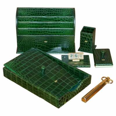 7-teiliges 7-teiliges Schreibtischset aus GRAFBESITZ £17.000 ASPREY 24 KT GOLD GRÜN KROKODILLEDER