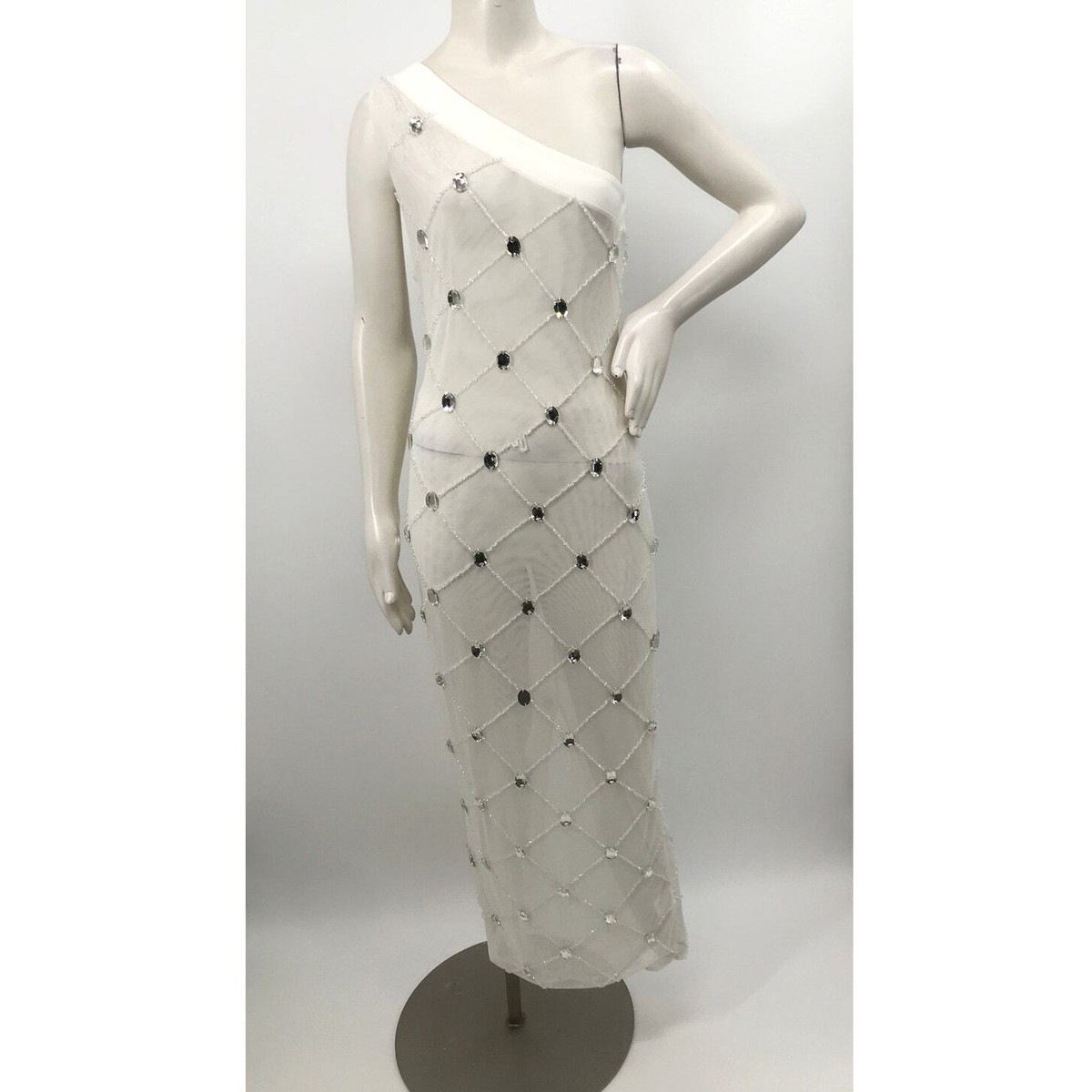 Akira White Chrissy Sheer Mesh Beaded Midi Party Dress Size M
