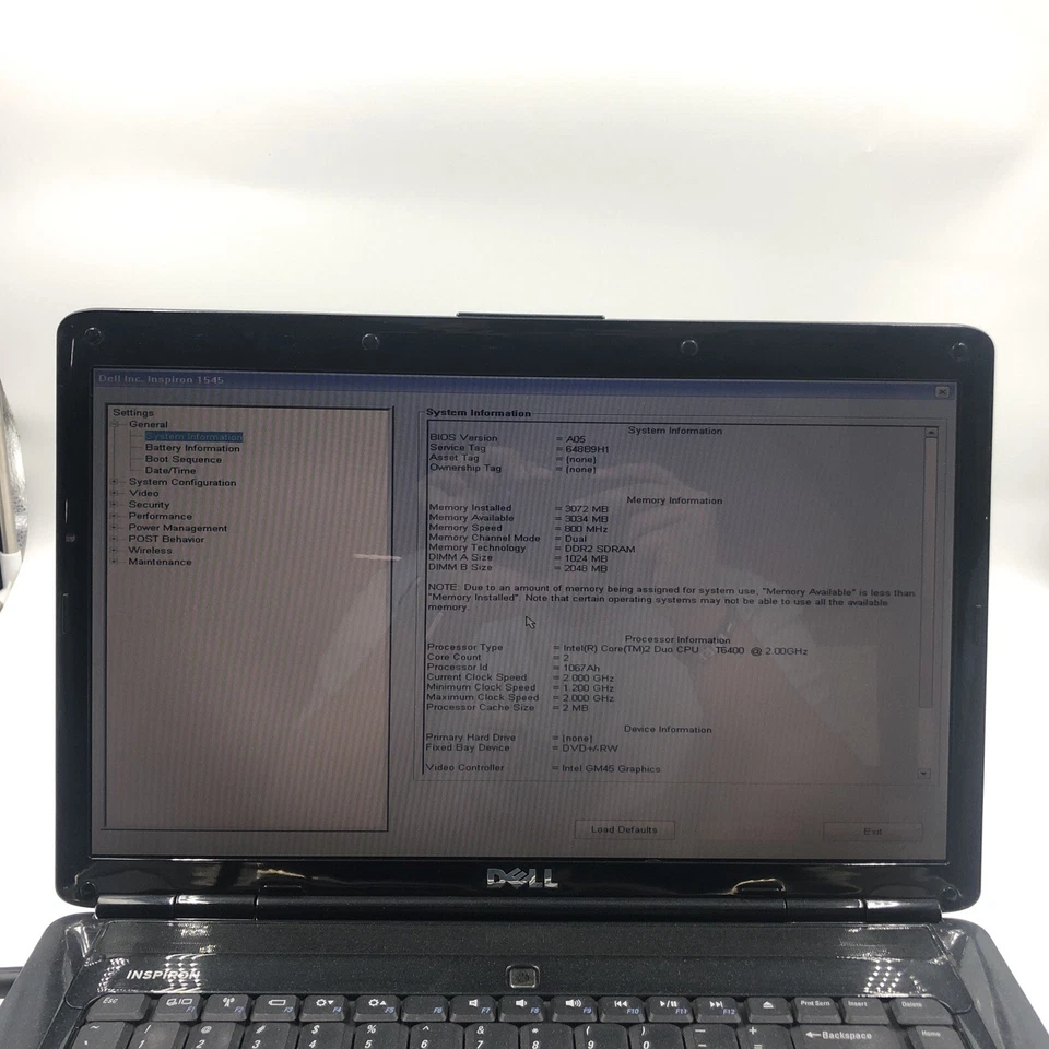 Laptop Dell Inspiron 1545 Core 2 Duo T6400 2,0 GHz 3 GB SIN HDD/OS Cámara web Foto 2 de 4