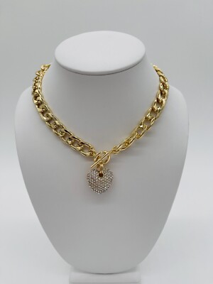 Cuban Chain Choker Necklace Diamond Gold Heart Charm Chunky Neck Lace Toggle