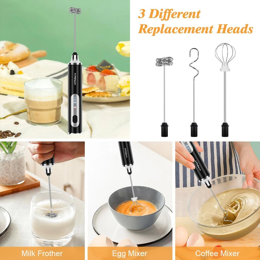 Milk Frother Wand Handheld Drink Mixer, Rechargeable Coffee Frother with 3 He... Milk Frother Wand Handheld Drink Mixer, Rechargeable Coffee Frother with 3 He...