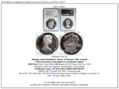 1980 GIBRALTAR Elizabeth II Admiral Nelson Silver Proof Crown Coin