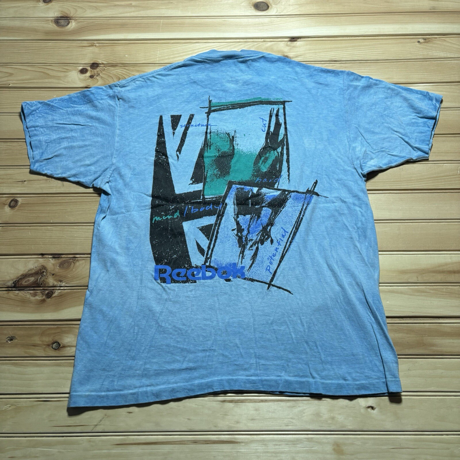 Vintage 90s Reebok Sport Abstract Art Mind Body Blue Tie Dye Shirt Size XL