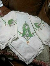 Cottagecore VTG Edwardian Hand Embroidered Table Topper Teapots  cups hemstitch