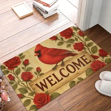 Cardinal and Rose Welcome Indoor Door Mat, Rustic Floral Bird Floor Doormat for