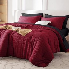 7 Pieces Queen Comforter Set, Seersucker Bed in a Queen 88"x88" Red/Black