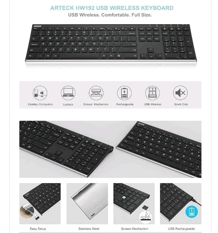 Arteck USB 2.4G Wireless Keyboard Stainless Steel Ultra Slim Full Size Key - Image 2 of 4