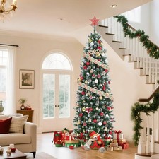 9FT Christmas Tree Artificial Snow Pre-lit LED Lights w/Metal Stand Pine Cones