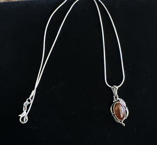 Collier Artisanal En Argent 925 Avec Pendentif Ambre Orange - Style Art Nouveau, Chaîne De 51 Cm