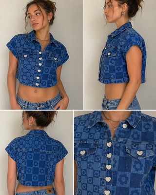 Jaded London Denim Crop Jacket Blue Floral Checker Heart Button Overshirt USA 4