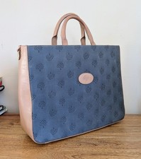 Vtg Genuine Mulberry Grab Tote Bag Briefcase, Blue Logo Fabric & Tan Leather