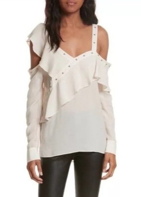 Veronica Beard Cold Shoulder Ruffle Blouse With Stud Accents In Beige, US6