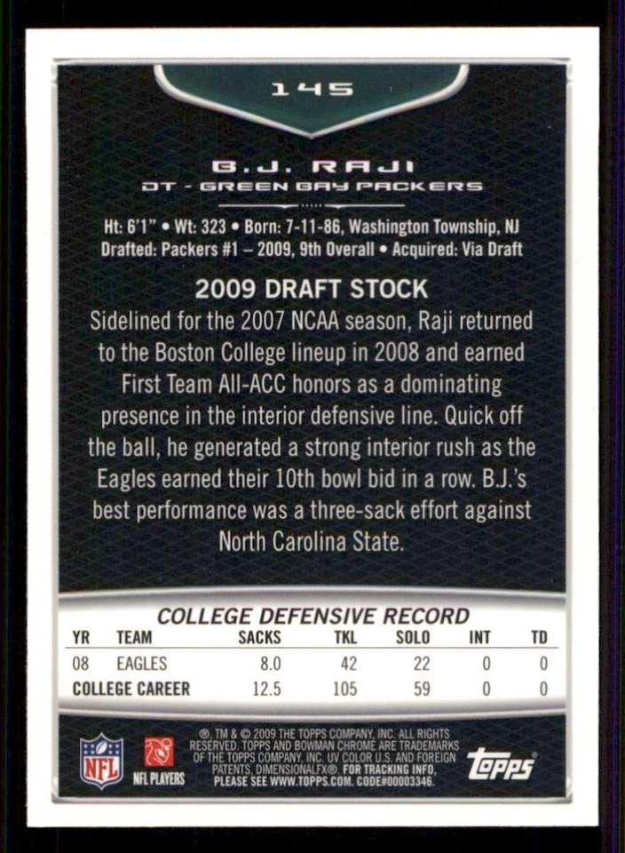 2009 Bowman Chrome #145 B.J. Raji RC - Image 2 of 2