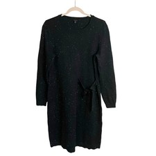 Talbots Tweed Speckled Sweater Dress Sz L Side Tie Pullover Black Long Sleeves