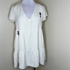 Show Me Your Mumu Cia Mini Babydoll Dress w Pockets Medium Cream V-Neck Tiered